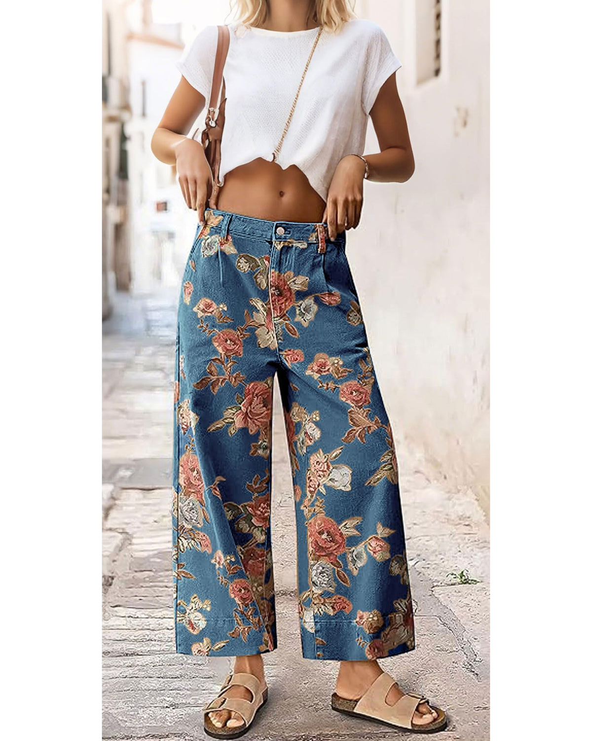 Chouyatou Women Mid Rise Cropped Wide Leg Jeans Baggy Floral Ankle Pants Denim Capris Flare Print Boho Palazzo Jeans Boyfriend