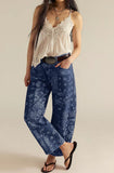 chouyatou Women Boyfriend Baggy Barrel Jeans Floral Print Denim Ankle Pants Wide Leg Mid Rise Jeans Sweatpants Y2k Patchwork