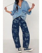 Chouyatou Women Y2k Distressed Barrel Jeans Baggy Wide Leg Jeans Floral Printed Boyfriend Patchwork Denim Pants