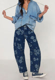 Chouyatou Women Y2k Distressed Barrel Jeans Baggy Wide Leg Jeans Floral Printed Boyfriend Patchwork Denim Pants