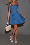 Chouyatou Women’s Summer Tie Shoulder Sleeveless Denim Mini Dress Ruffle A Line Swing Short Denim Dress