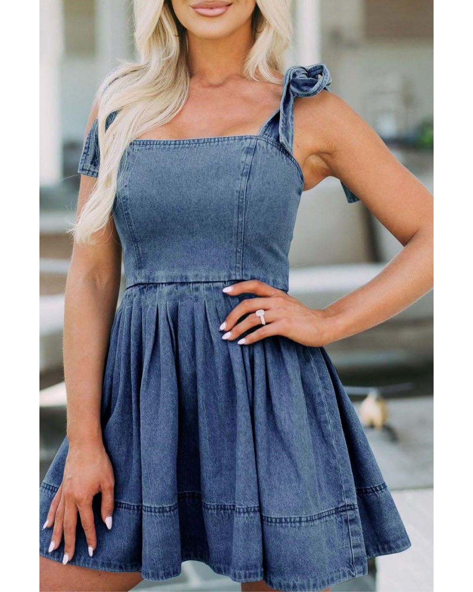 Chouyatou Women's Summer Tie Shoulder Sleeveless Denim Mini Dress Casual Flowy Swing Pleated Short Denim Dress