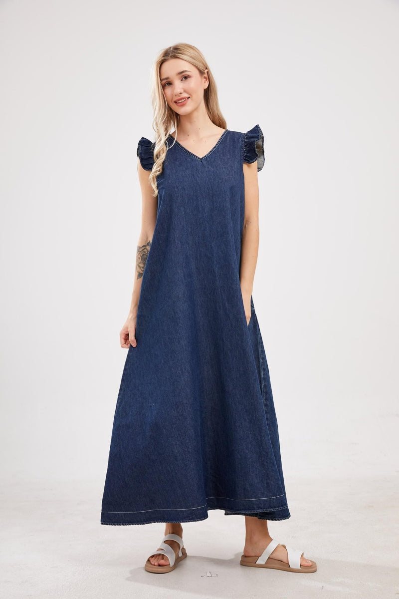 Chouyatou Womens Long Denim Dress Casual Loose Fit Ruffle Sleeveless V-Neck Jean Maxi Dresses for Women