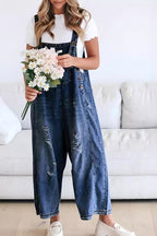 Chouyatou Women's Casual Adjustable Straps Denim Bib Overalls Distressed Ripped Wide Leg Jeans Long Pants Jumpsuits