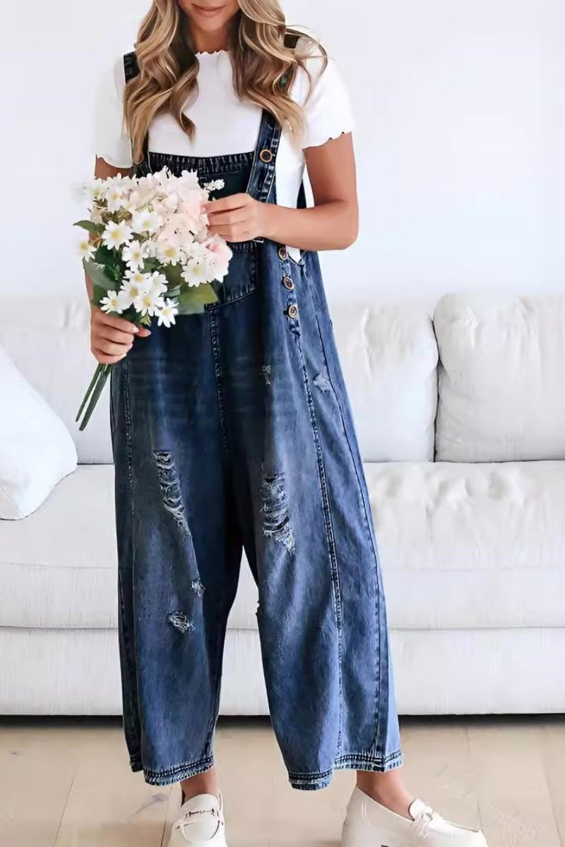 Chouyatou Women's Casual Adjustable Straps Denim Bib Overalls Distressed Ripped Wide Leg Jeans Long Pants Jumpsuits