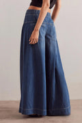 Chouyatou Women's Baggy Wide Leg Denim Pants Drawstring Midi Waisted Flare Jeans Ruffle Pleated Button Jeans