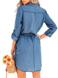 Chouyatou Women's Casual Button Down Jean Shirt Dress Long Sleeve Tie Waist Lightweight Denim Shirt Dress