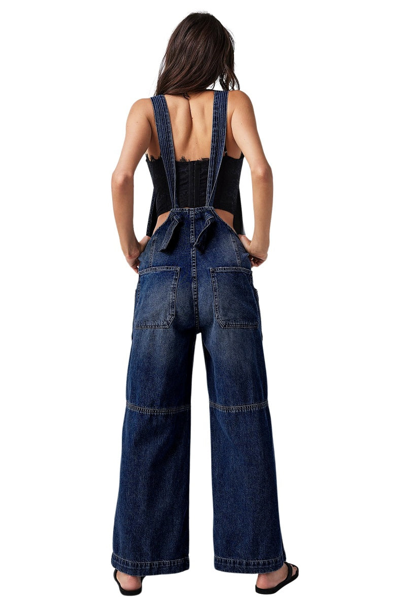 Chouyatou Casual Denim Jumpsuit for Women Overalls Wide Leg Jumpsuit Jeans Denim Bib Overalls Dungaree Pockets