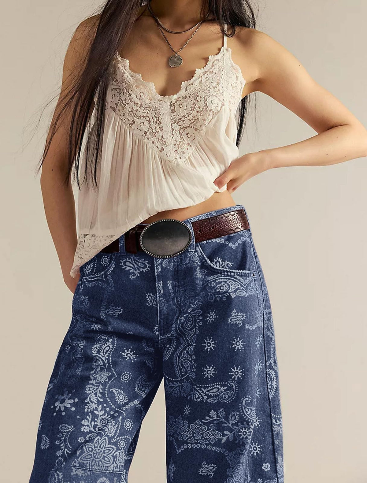 Chouyatou Women Boyfriend Baggy Barrel Jeans Floral Print Denim Ankle Pants Wide Leg Mid Rise Jeans Sweatpants Y2k Patchwork