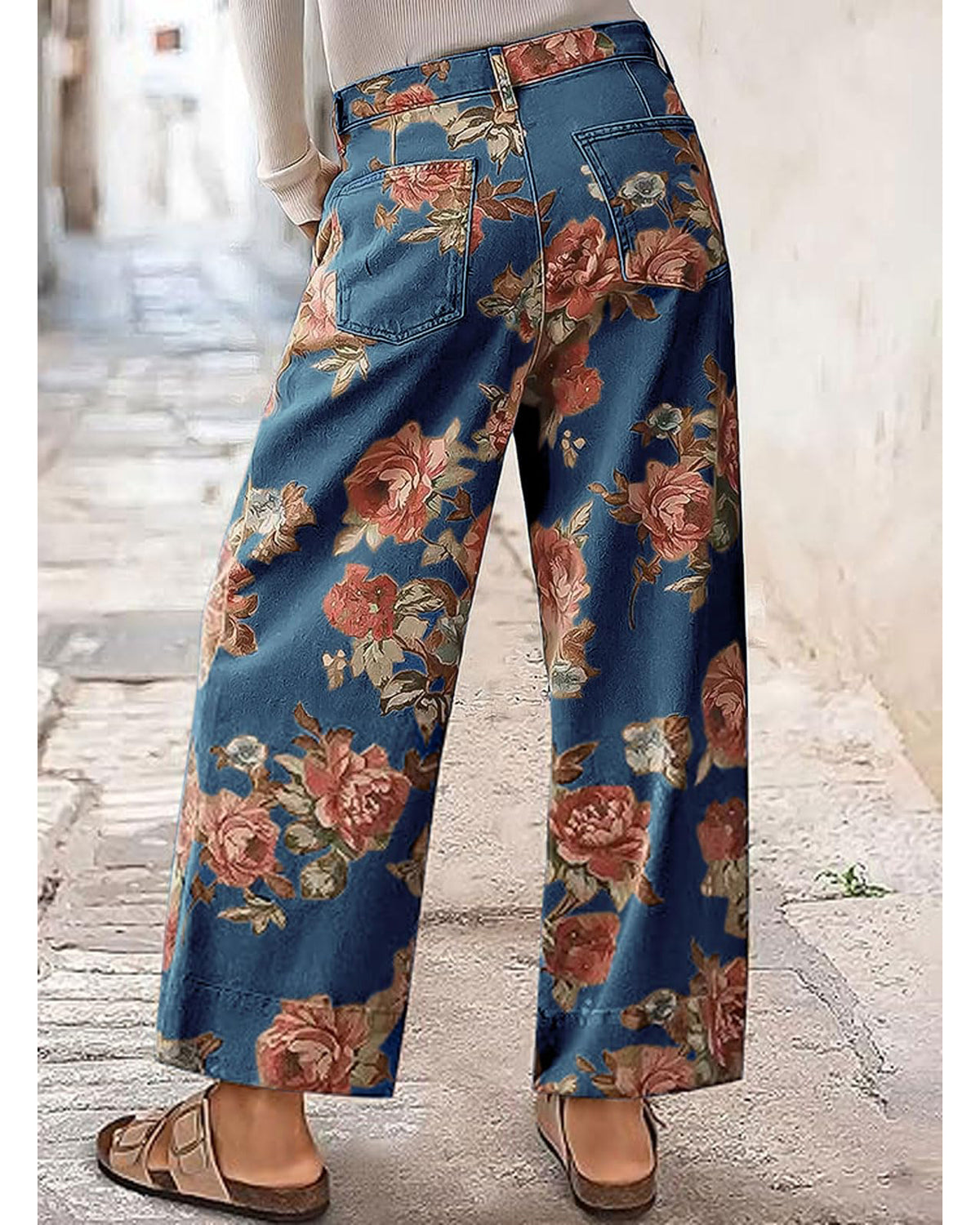 Chouyatou Women Mid Rise Cropped Wide Leg Jeans Baggy Floral Ankle Pants Denim Capris Flare Print Boho Palazzo Jeans Boyfriend
