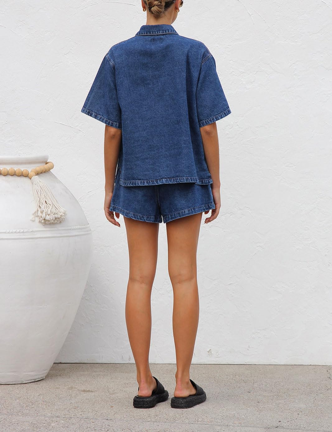 Chouyatou Women's Summer Denim 2 Piece Outfits Short Sleeve Button Down Shirt Elastic Waist Wide Leg Shorts Matching Set