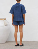 chouyatou Women's Summer Denim 2 Piece Outfits Short Sleeve Button Down Shirt Elastic Waist Wide Leg Shorts Matching Set
