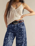 chouyatou Women Boyfriend Baggy Barrel Jeans Floral Print Denim Ankle Pants Wide Leg Mid Rise Jeans Sweatpants Y2k Patchwork