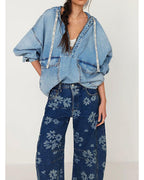 Chouyatou Women Y2k Distressed Barrel Jeans Baggy Wide Leg Jeans Floral Printed Boyfriend Patchwork Denim Pants