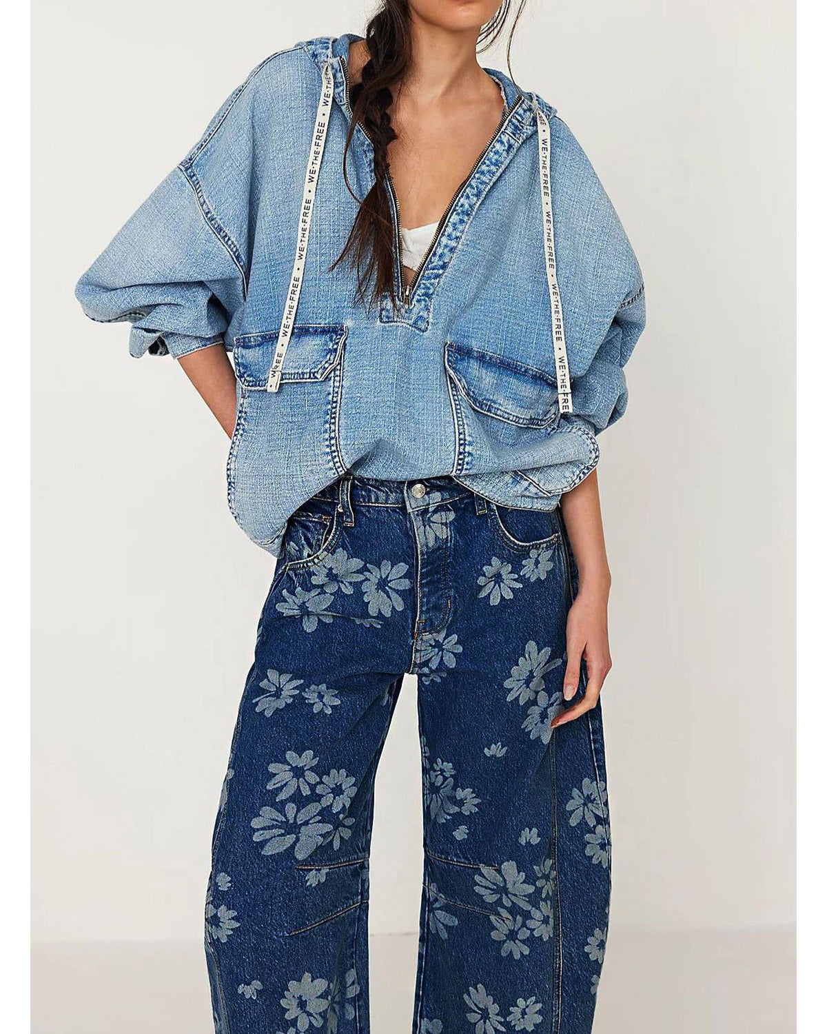 Chouyatou Women Y2k Distressed Barrel Jeans Baggy Wide Leg Jeans Floral Printed Boyfriend Patchwork Denim Pants
