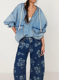 Chouyatou Women Y2k Distressed Barrel Jeans Baggy Wide Leg Jeans Floral Printed Boyfriend Patchwork Denim Pants