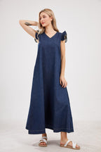 Chouyatou Womens Long Denim Dress Casual Loose Fit Ruffle Sleeveless V-Neck Jean Maxi Dresses for Women