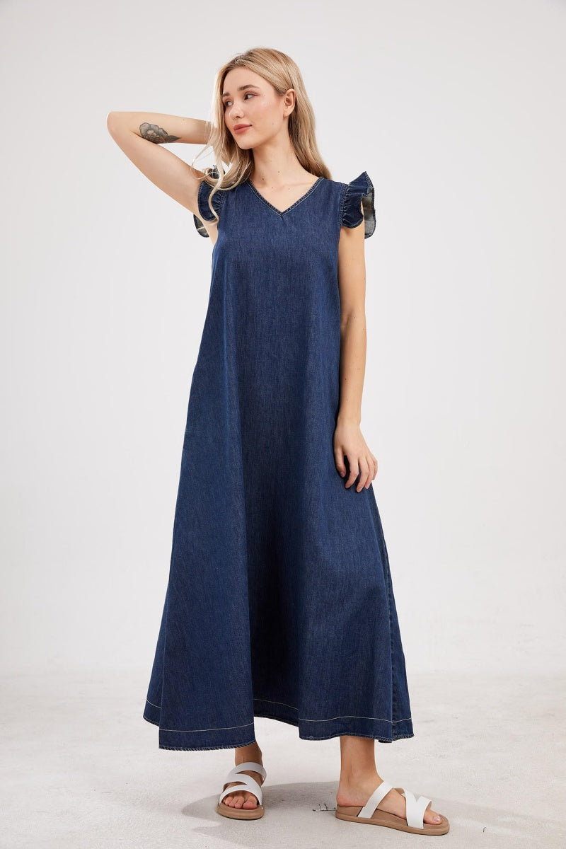 Chouyatou Womens Long Denim Dress Casual Loose Fit Ruffle Sleeveless V-Neck Jean Maxi Dresses for Women