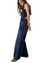 Chouyatou Casual Denim Jumpsuit for Women Overalls Wide Leg Jumpsuit Jeans Denim Bib Overalls Dungaree Pockets