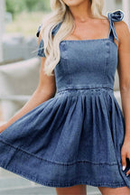 Chouyatou Women's Summer Tie Shoulder Sleeveless Denim Mini Dress Casual Flowy Swing Pleated Short Denim Dress