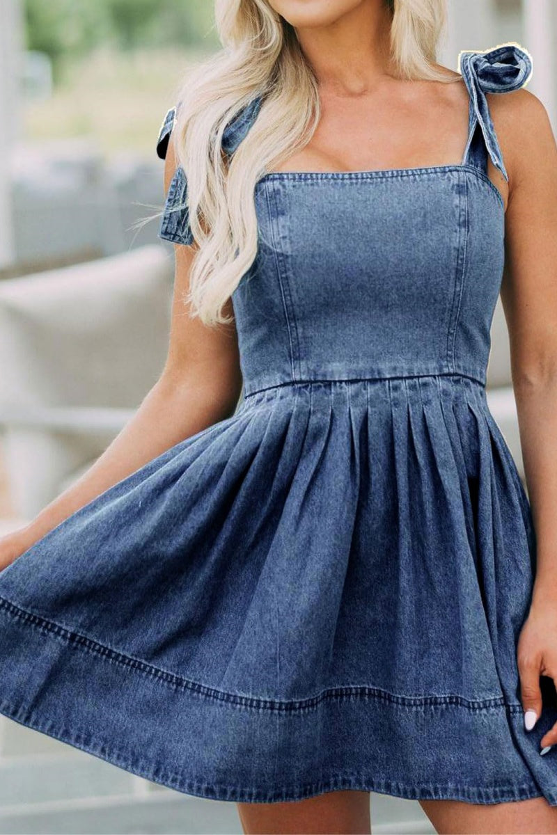 Chouyatou Women's Summer Tie Shoulder Sleeveless Denim Mini Dress Casual Flowy Swing Pleated Short Denim Dress