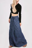Chouyatou Women's Casual Elastic Waist Frayed Hem A-Line Distressed Hippie Long Maxi Denim Skirt