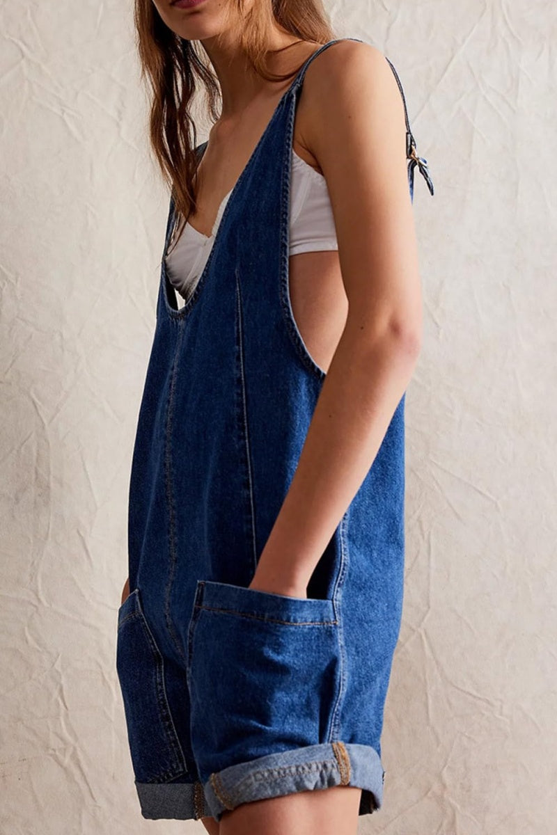 Chouyatou Women Casual Denim Short Overalls Rolled Cuff Barrel Shorts Jumpsuit Rompers