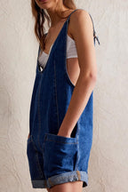 Chouyatou Women Casual Denim Short Overalls Rolled Cuff Barrel Shorts Jumpsuit Rompers