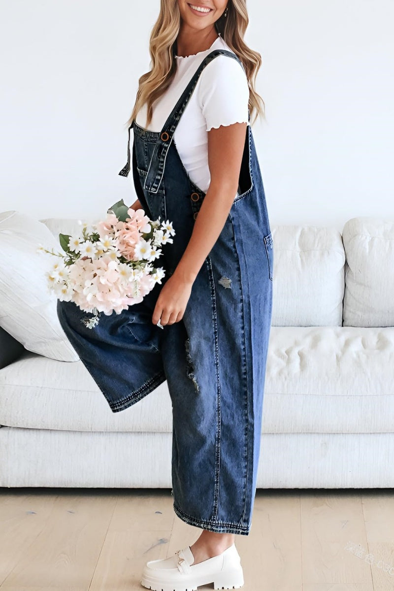 Chouyatou Women's Casual Adjustable Straps Denim Bib Overalls Distressed Ripped Wide Leg Jeans Long Pants Jumpsuits