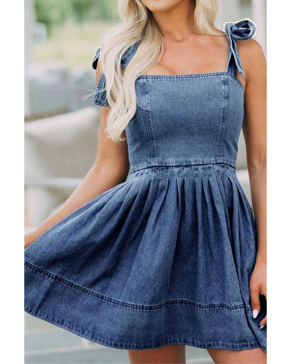Chouyatou Women's Summer Tie Shoulder Sleeveless Denim Mini Dress Casual Flowy Swing Pleated Short Denim Dress