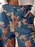 Chouyatou Women Mid Rise Cropped Wide Leg Jeans Baggy Floral Ankle Pants Denim Capris Flare Print Boho Palazzo Jeans Boyfriend