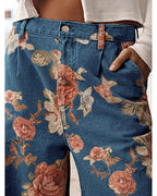 Chouyatou Women Mid Rise Cropped Wide Leg Jeans Baggy Floral Ankle Pants Denim Capris Flare Print Boho Palazzo Jeans Boyfriend