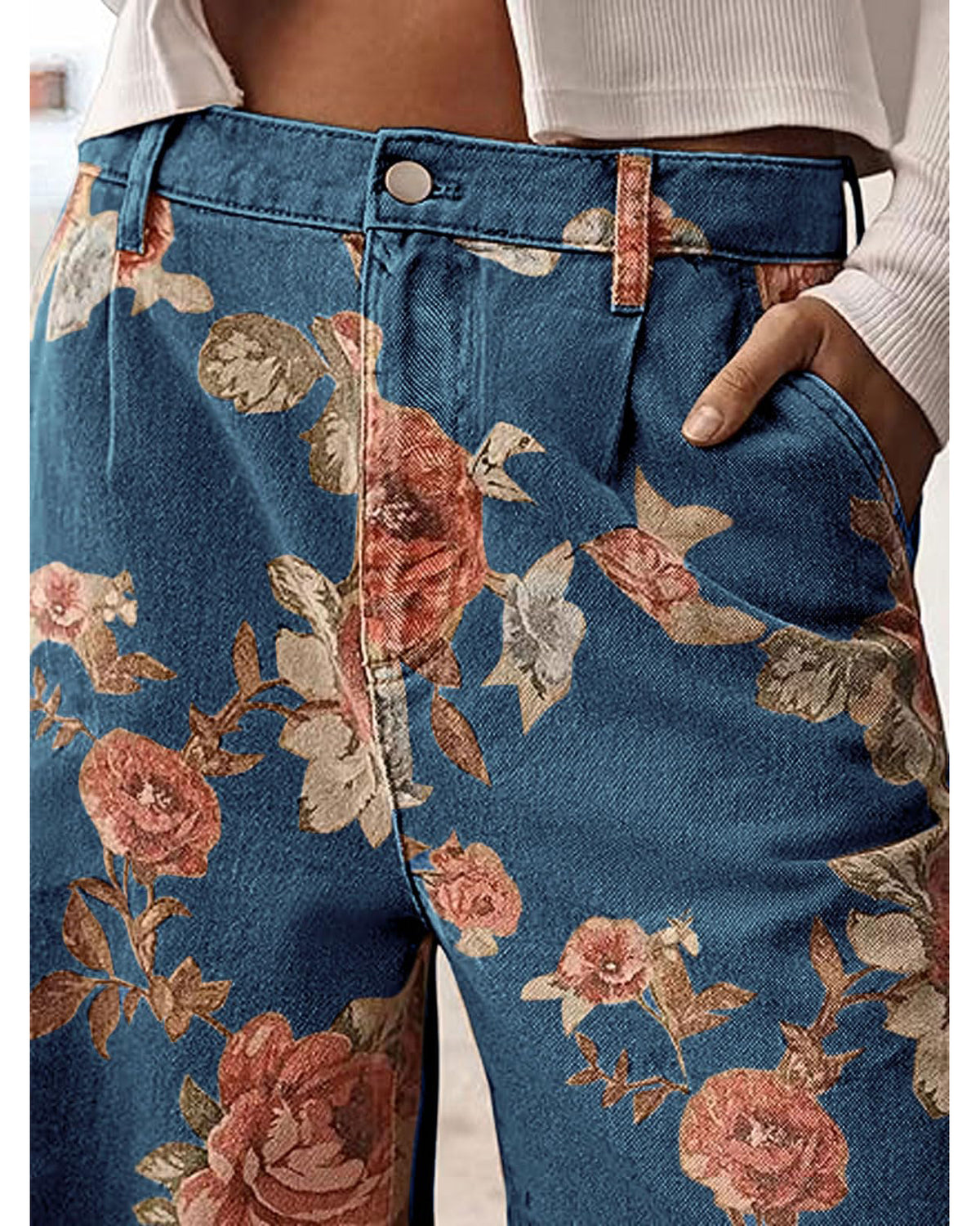 Chouyatou Women Mid Rise Cropped Wide Leg Jeans Baggy Floral Ankle Pants Denim Capris Flare Print Boho Palazzo Jeans Boyfriend