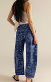 chouyatou Women Boyfriend Baggy Barrel Jeans Floral Print Denim Ankle Pants Wide Leg Mid Rise Jeans Sweatpants Y2k Patchwork