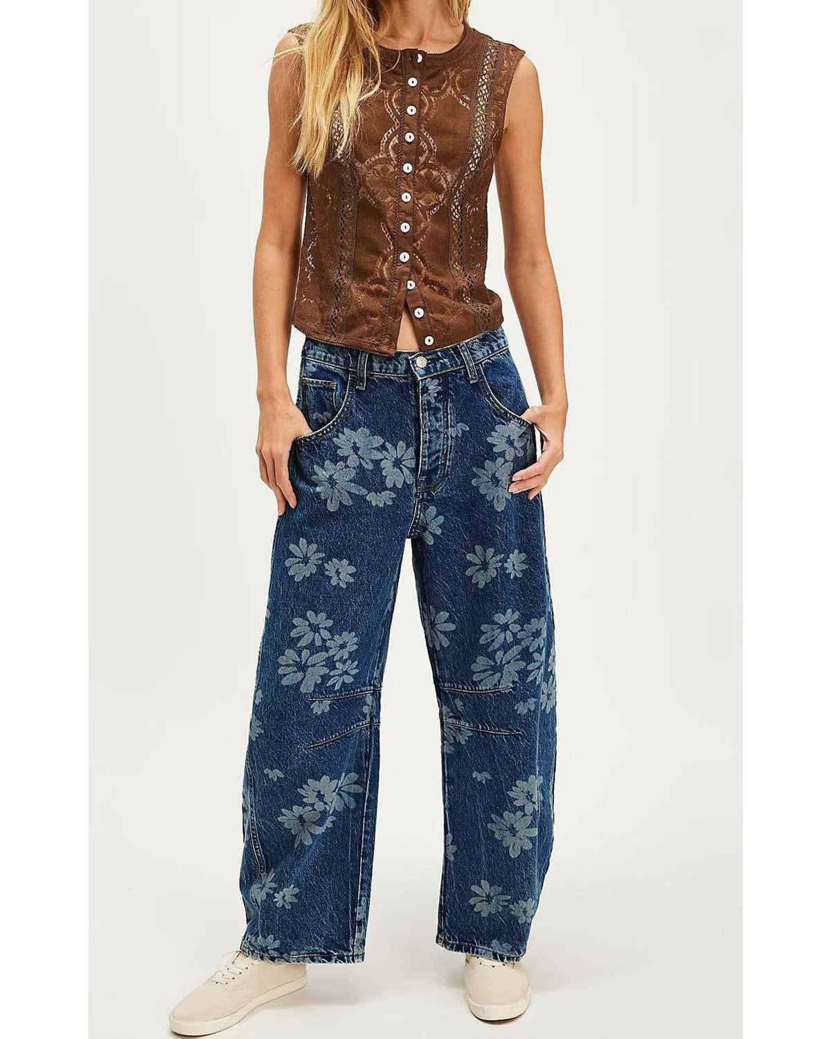 Chouyatou Women Y2k Distressed Barrel Jeans Baggy Wide Leg Jeans Floral Printed Boyfriend Patchwork Denim Pants