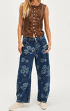 Chouyatou Women Y2k Distressed Barrel Jeans Baggy Wide Leg Jeans Floral Printed Boyfriend Patchwork Denim Pants