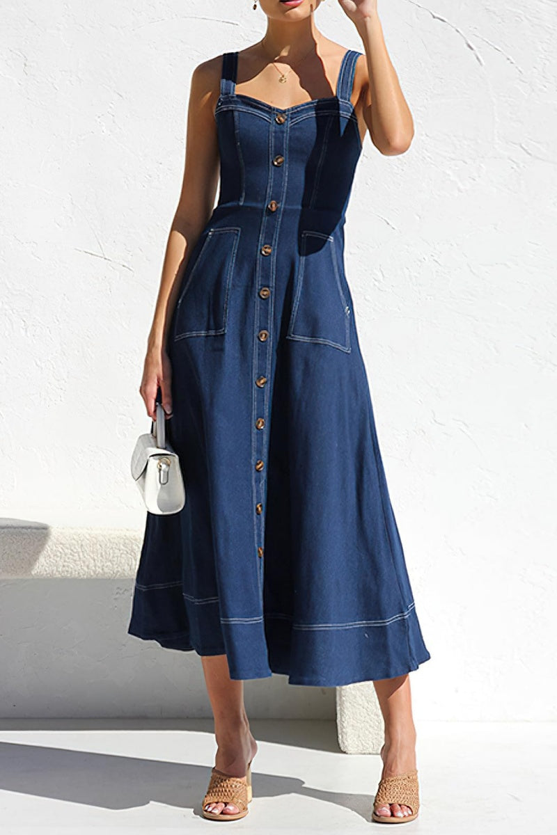 Chouyatou Women's Adjustable Strap Midi Long Denim Dress Button Down A-Line Swing Flowy Jean Dress