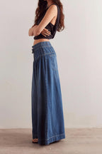 Chouyatou Women's Baggy Wide Leg Denim Pants Drawstring Midi Waisted Flare Jeans Ruffle Pleated Button Jeans