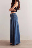 Chouyatou Women's Baggy Wide Leg Denim Pants Drawstring Midi Waisted Flare Jeans Ruffle Pleated Button Jeans