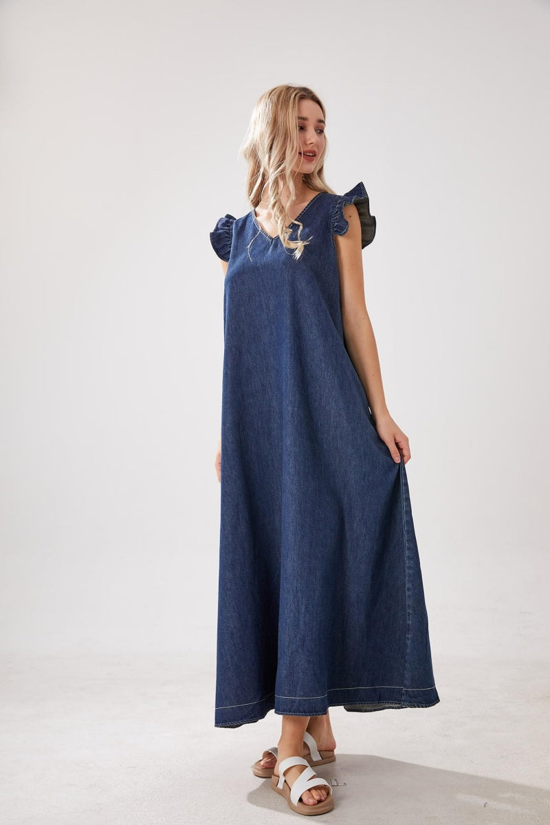 Chouyatou Womens Long Denim Dress Casual Loose Fit Ruffle Sleeveless V-Neck Jean Maxi Dresses for Women