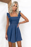 Chouyatou Denim Dress for Women Ruffle Adjustable Strap Sleeveless Backless Babydoll Mini Jean Dresses