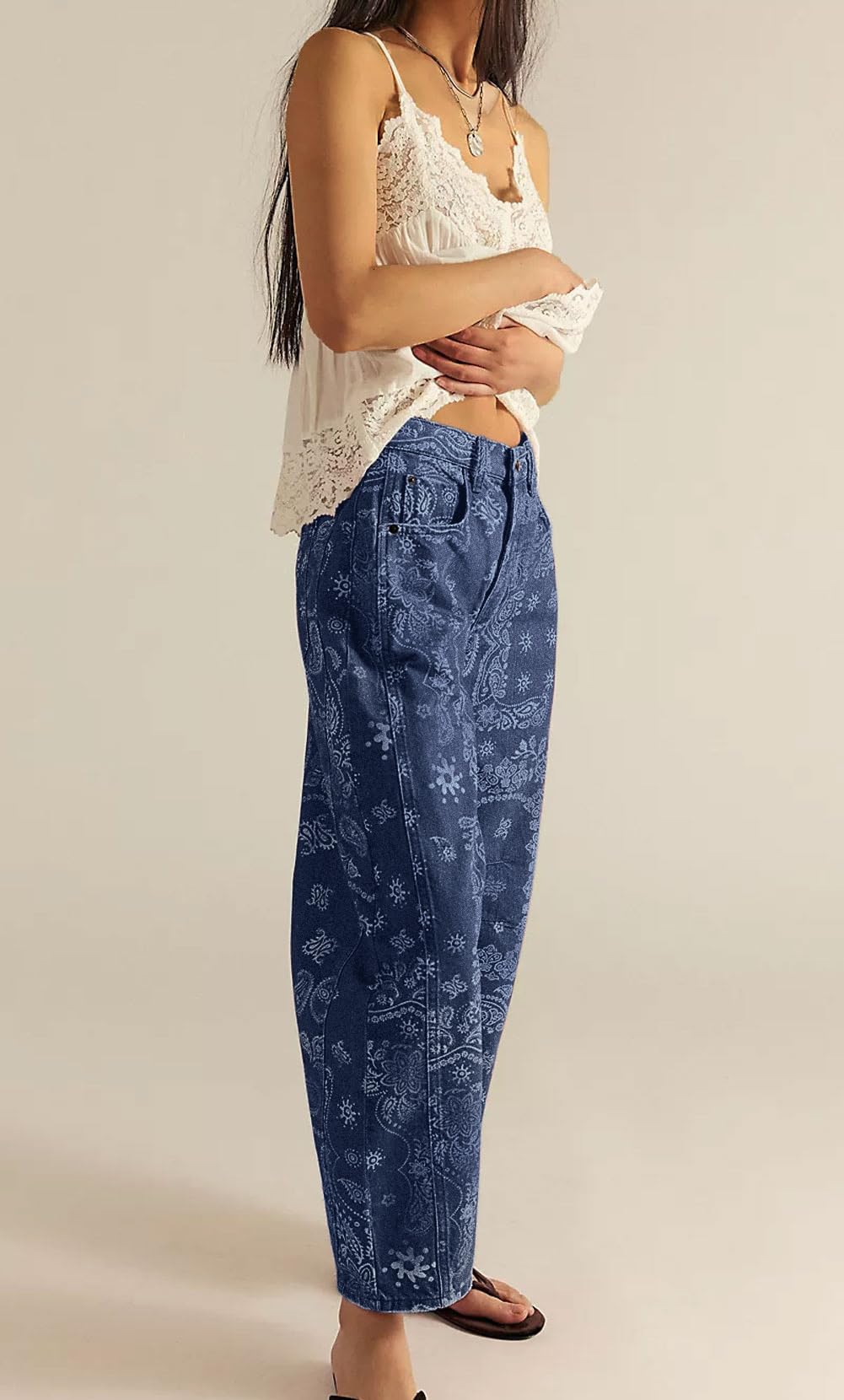 Chouyatou Women Boyfriend Baggy Barrel Jeans Floral Print Denim Ankle Pants Wide Leg Mid Rise Jeans Sweatpants Y2k Patchwork