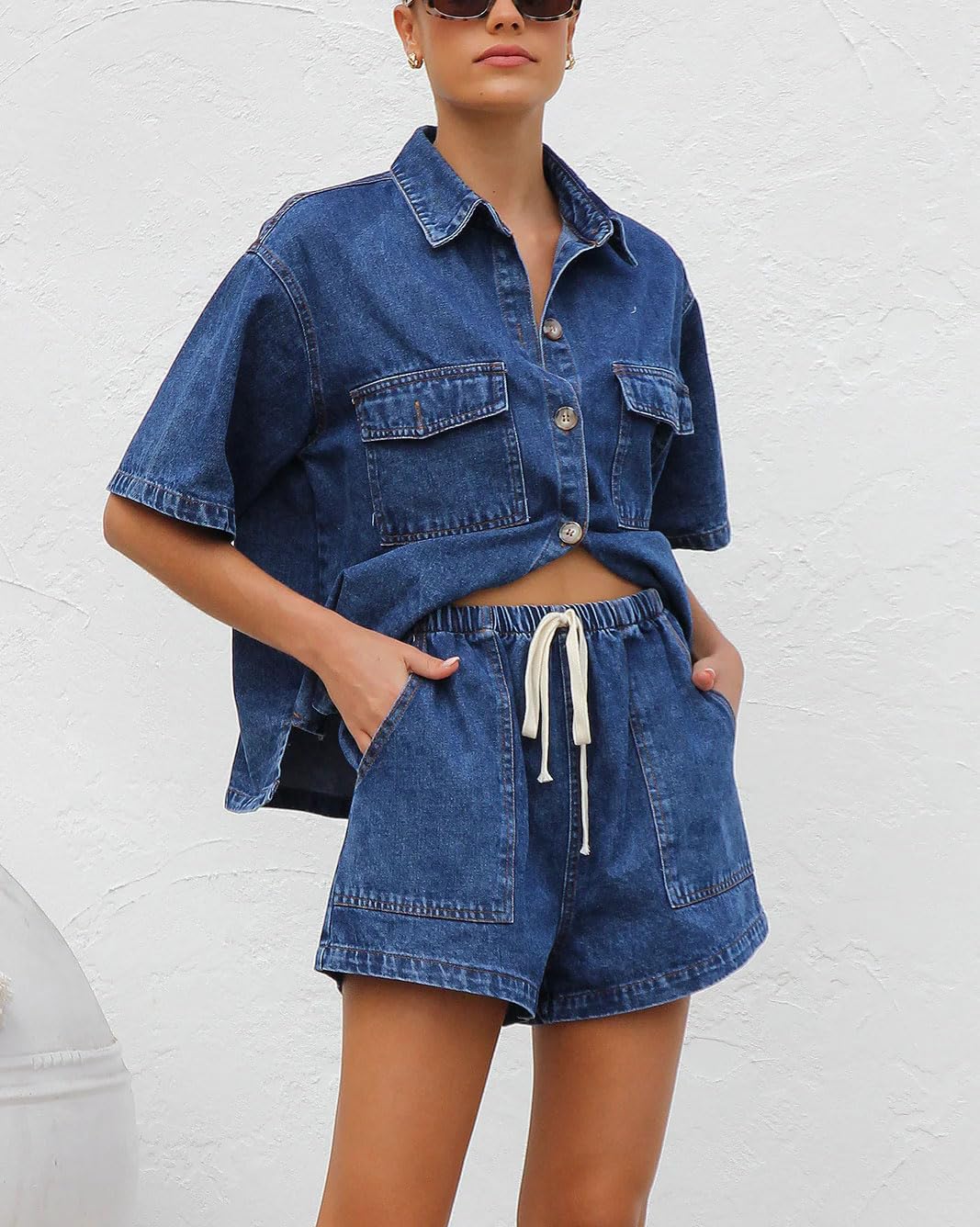 Chouyatou Women's Summer Denim 2 Piece Outfits Short Sleeve Button Down Shirt Elastic Waist Wide Leg Shorts Matching Set