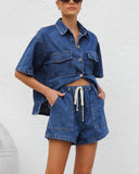 chouyatou Women's Summer Denim 2 Piece Outfits Short Sleeve Button Down Shirt Elastic Waist Wide Leg Shorts Matching Set