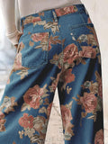 Chouyatou Women Mid Rise Cropped Wide Leg Jeans Baggy Floral Ankle Pants Denim Capris Flare Print Boho Palazzo Jeans Boyfriend