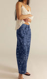 chouyatou Women Boyfriend Baggy Barrel Jeans Floral Print Denim Ankle Pants Wide Leg Mid Rise Jeans Sweatpants Y2k Patchwork