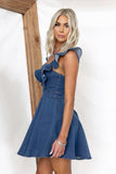 Chouyatou Denim Dress for Women Ruffle Adjustable Strap Sleeveless Backless Babydoll Mini Jean Dresses