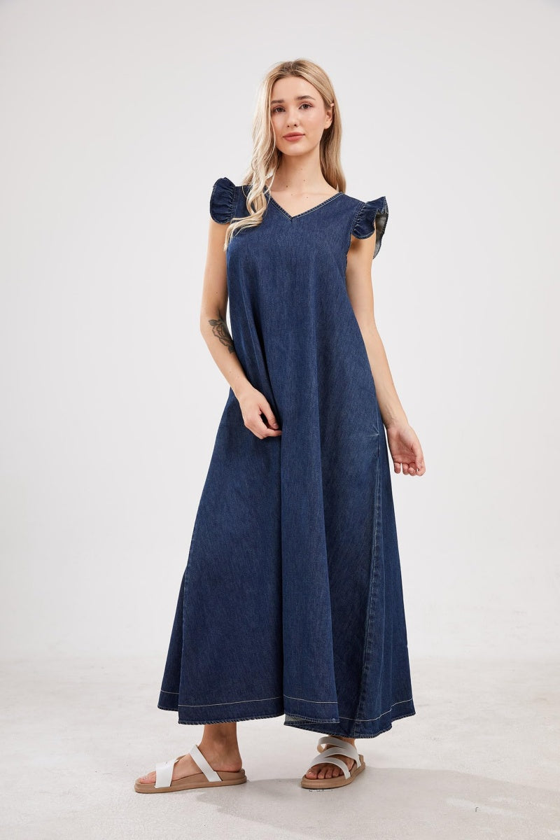Chouyatou Womens Long Denim Dress Casual Loose Fit Ruffle Sleeveless V-Neck Jean Maxi Dresses for Women