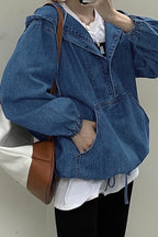 Chouyatou Women Hooded 1/2 Button Down Pullover Denim Jacket Hoodie Boyfriend Casual Jean Sweatshirt Top
