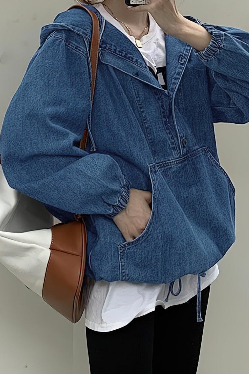 Chouyatou Women Hooded 1/2 Button Down Pullover Denim Jacket Hoodie Boyfriend Casual Jean Sweatshirt Top